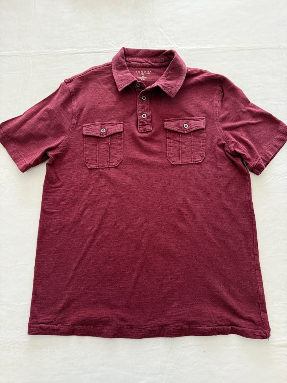 Sonoma Men's Burgundy Short-Sleeve Polo with Dual Chest Pockets Size L